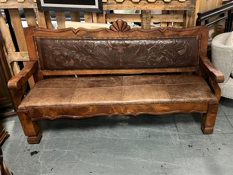 Hand Tooled Leather Bench Custom Wood and Leather 139930.