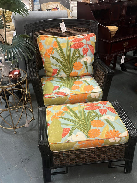 Rattan chair, floral cushion and ottoman 136162.