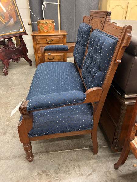 Antique Wood Bench Blue Upholstery 152056.