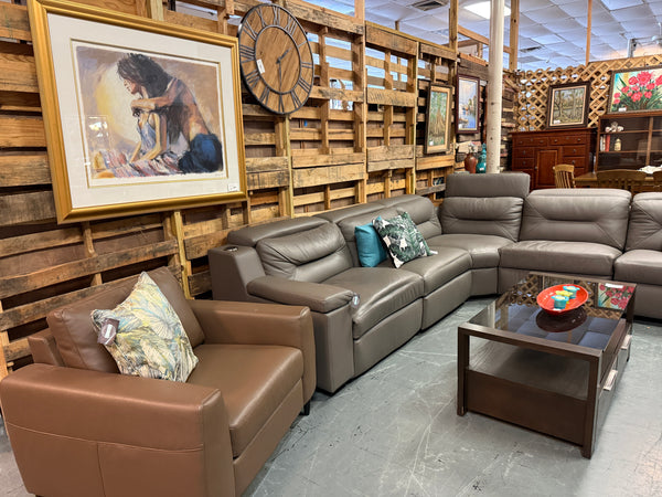 6 Seater Leather Grey/ Taupe Sectional w/ 2 electric recliners + wireless chargers 165360.