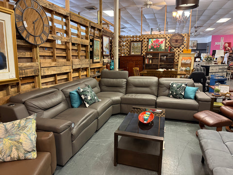 6 Seater Leather Grey/ Taupe Sectional w/ 2 electric recliners + wireless chargers 165360.