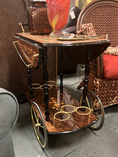 Marquetry Inlay Tea Cart Brass Wheels 143578.