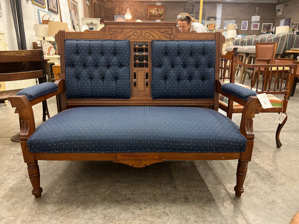 Antique Wood Bench Blue Upholstery 152056.