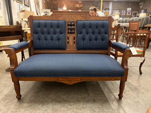 Antique Wood Bench Blue Upholstery 152056.