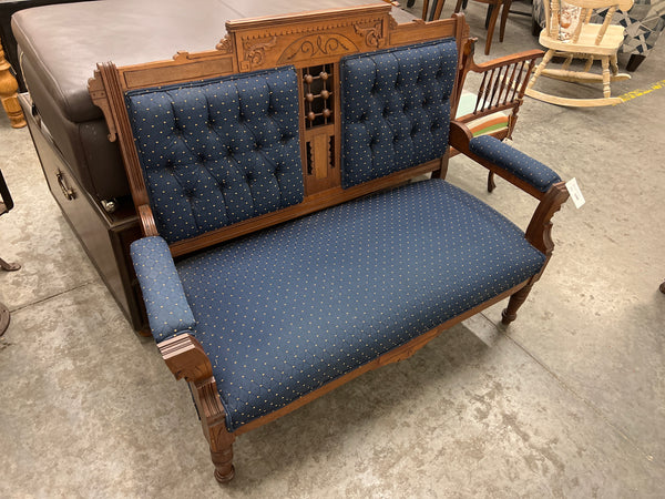 Antique Wood Bench Blue Upholstery 152056.