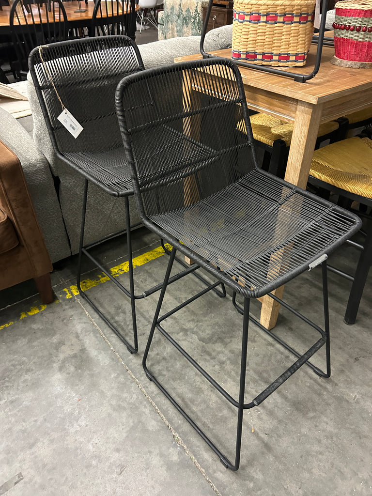 Set of 2 Wicker Black Barstools by Article 177438. Two sets available